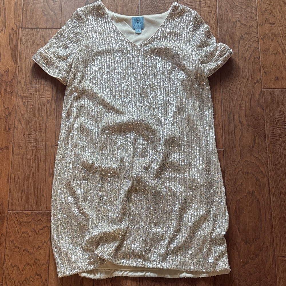 CeCe Cream and Silver Sequin Dress